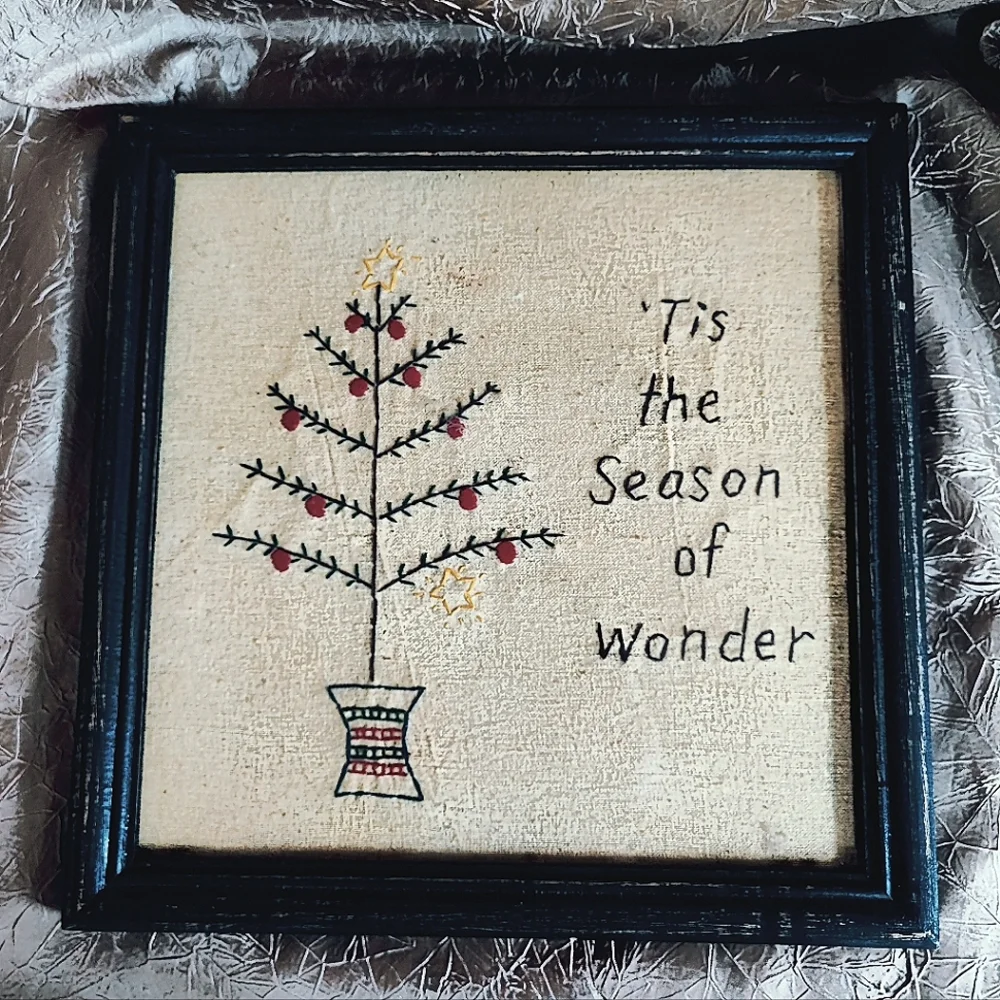 Christmas Picture Tis The Season of Wonder Embroidery Embroidered Vintage Framed